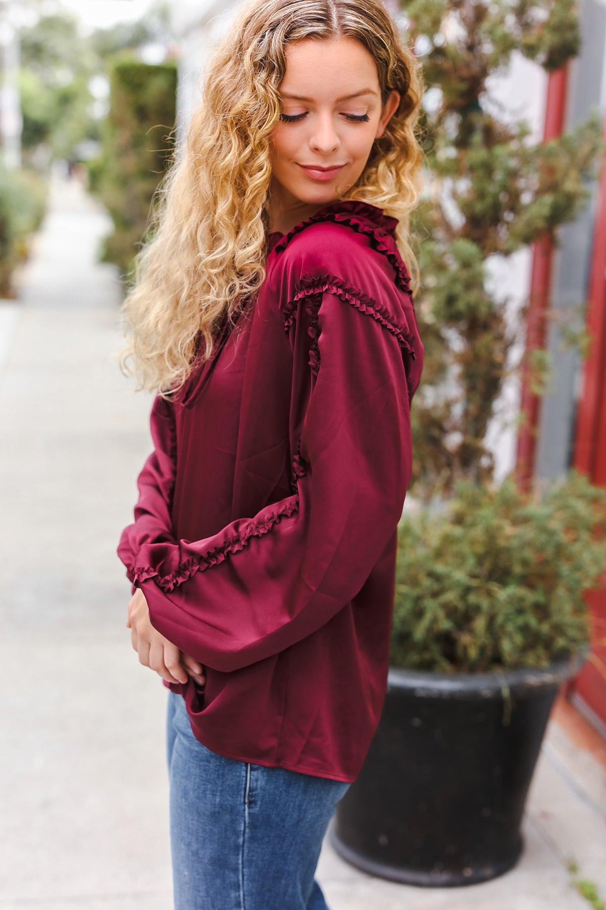 Holiday Vibes Burgundy Frill Detail Tie Neck Satin Top-Modish Lily, Tecumseh Michigan