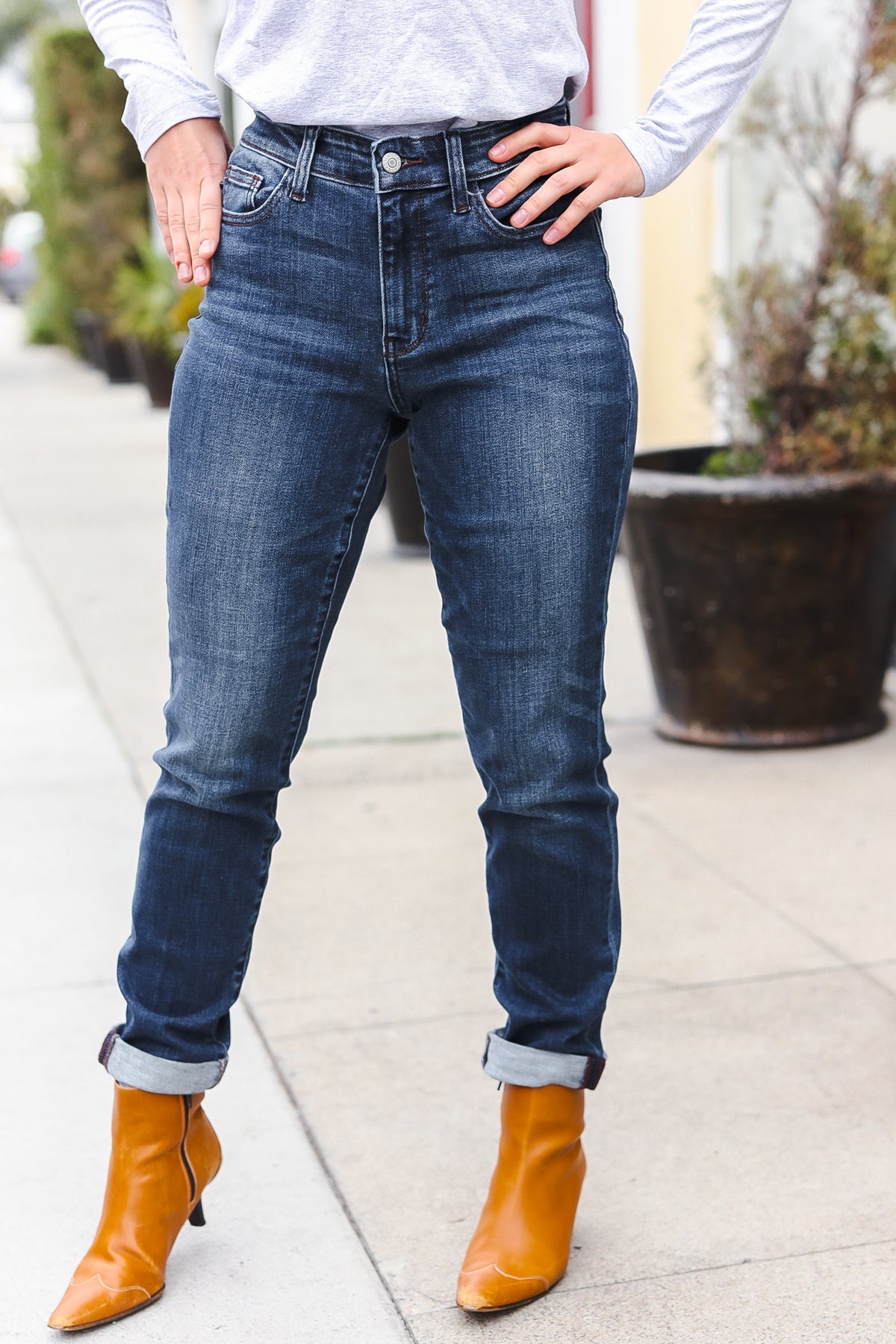 Judy Blue Dark Wash Mid Rise Cuffed Slim Fit Jeans-Modish Lily, Tecumseh Michigan