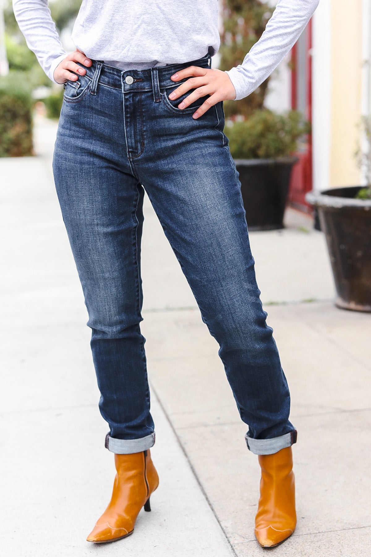 Judy Blue Dark Wash Mid Rise Cuffed Slim Fit Jeans-Modish Lily, Tecumseh Michigan