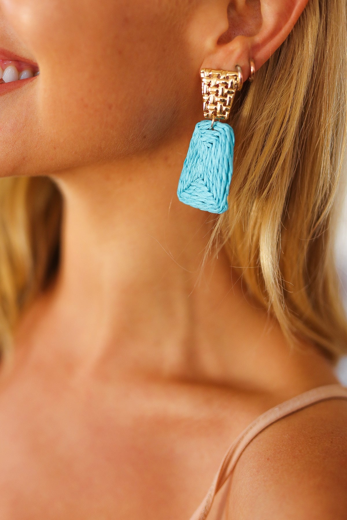 Azure & Gold Geometric Raffia Woven Earrings-2024 Blow-Out Sale-Modish Lily, Tecumseh Michigan