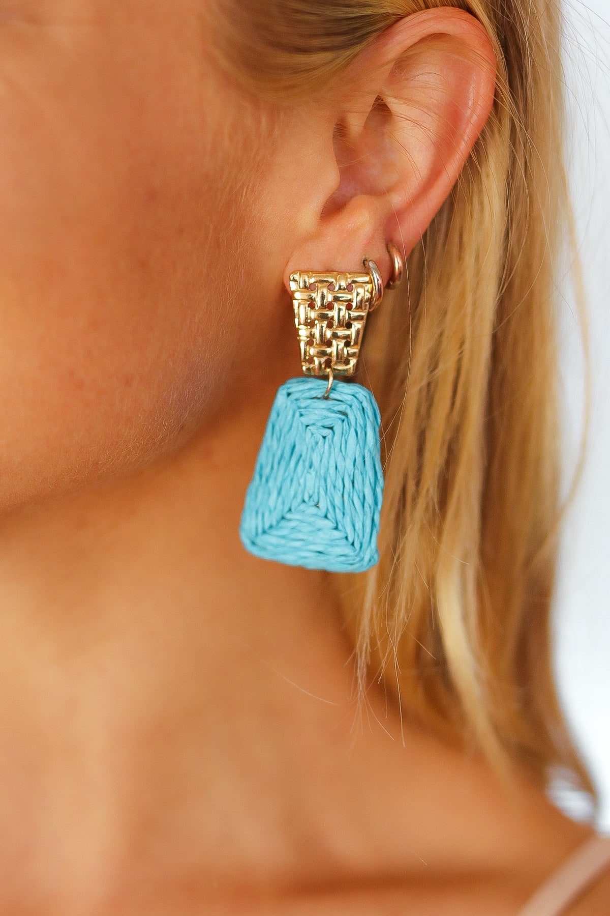 Azure & Gold Geometric Raffia Woven Earrings-2024 Blow-Out Sale-Modish Lily, Tecumseh Michigan