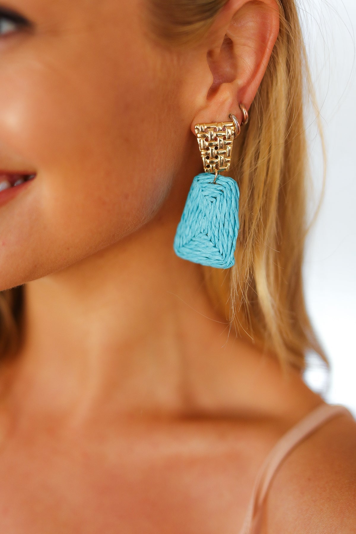 Azure & Gold Geometric Raffia Woven Earrings-2024 Blow-Out Sale-Modish Lily, Tecumseh Michigan