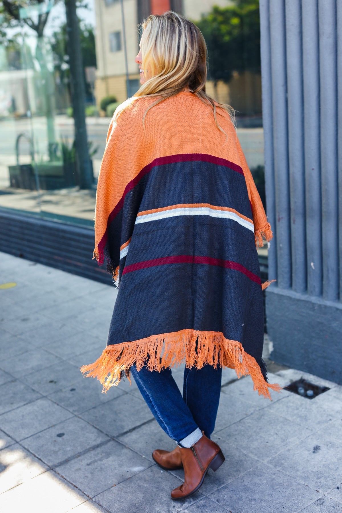 Follow Me Rust Multicolor Stripe Tassel Fringe Open Poncho-Modish Lily, Tecumseh Michigan