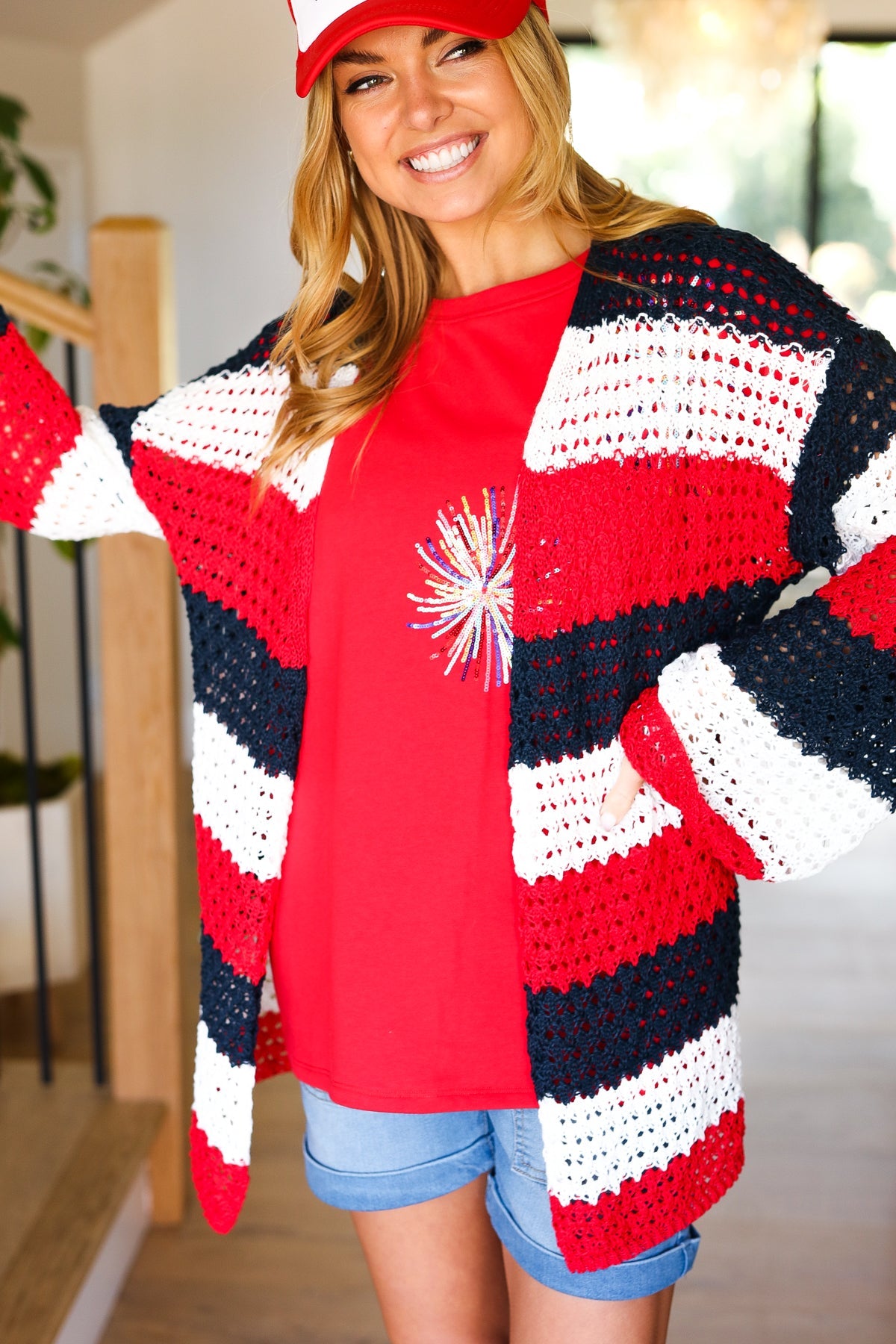 Simply Patriotic Red White & Blue Striped Crochet Cardigan-Modish Lily, Tecumseh Michigan