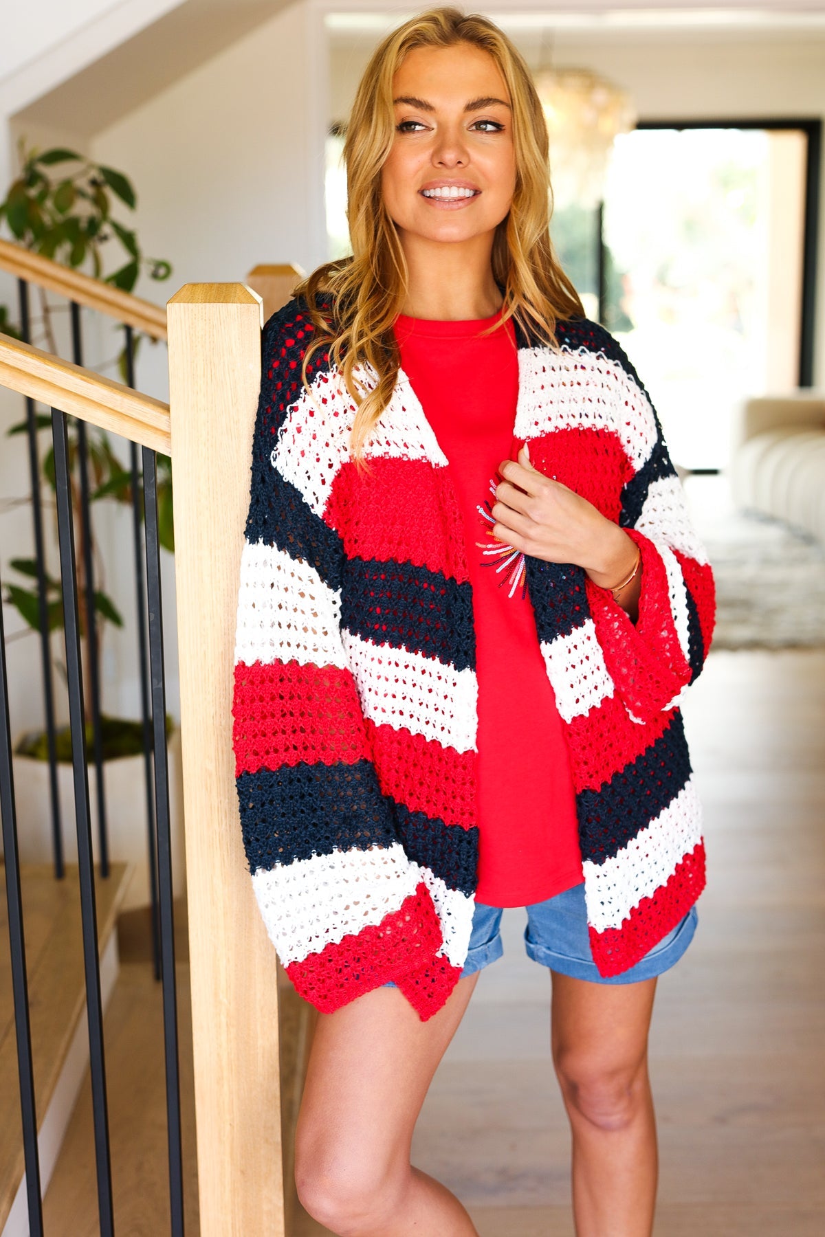Simply Patriotic Red White & Blue Striped Crochet Cardigan-Modish Lily, Tecumseh Michigan
