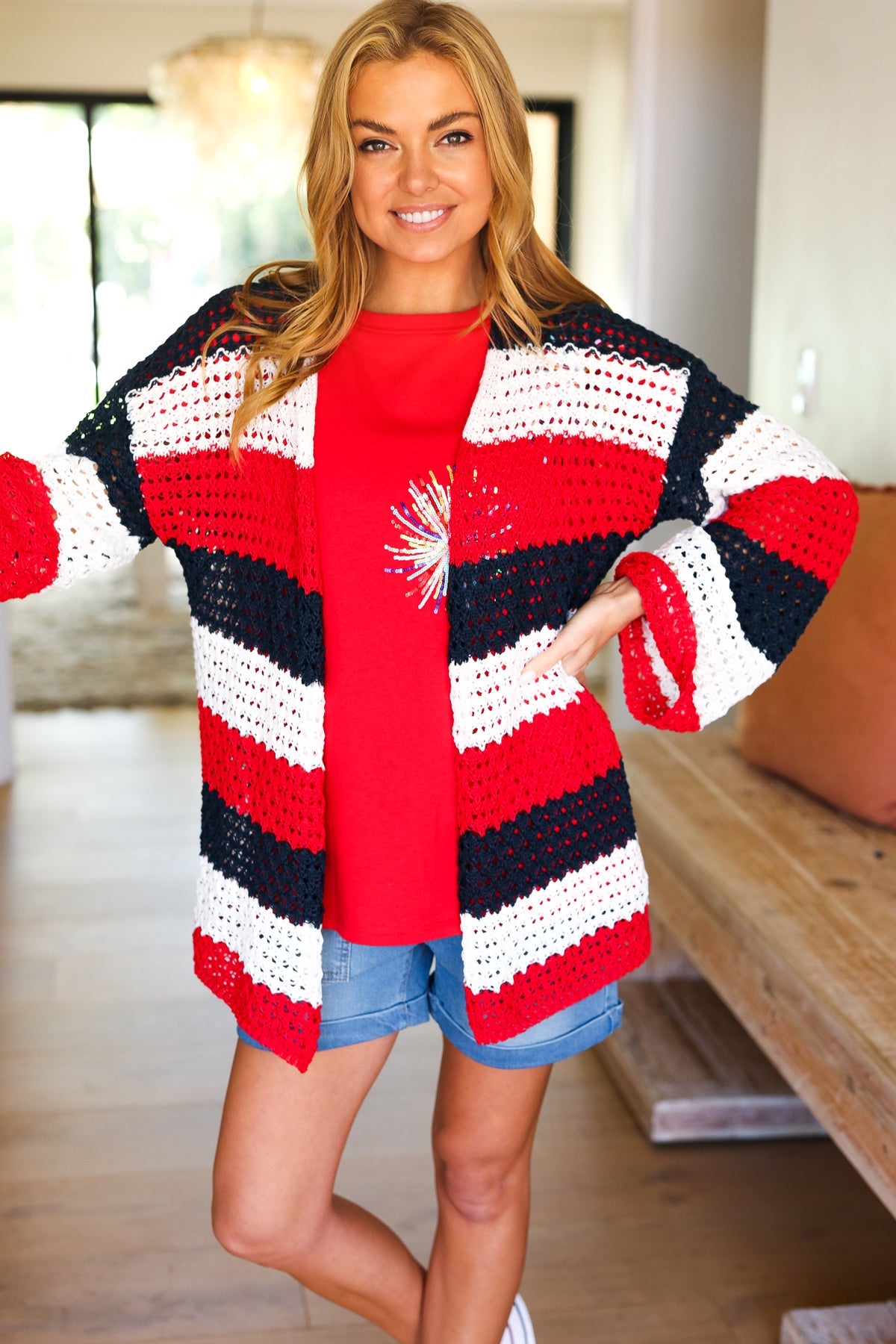 Simply Patriotic Red White & Blue Striped Crochet Cardigan-Modish Lily, Tecumseh Michigan