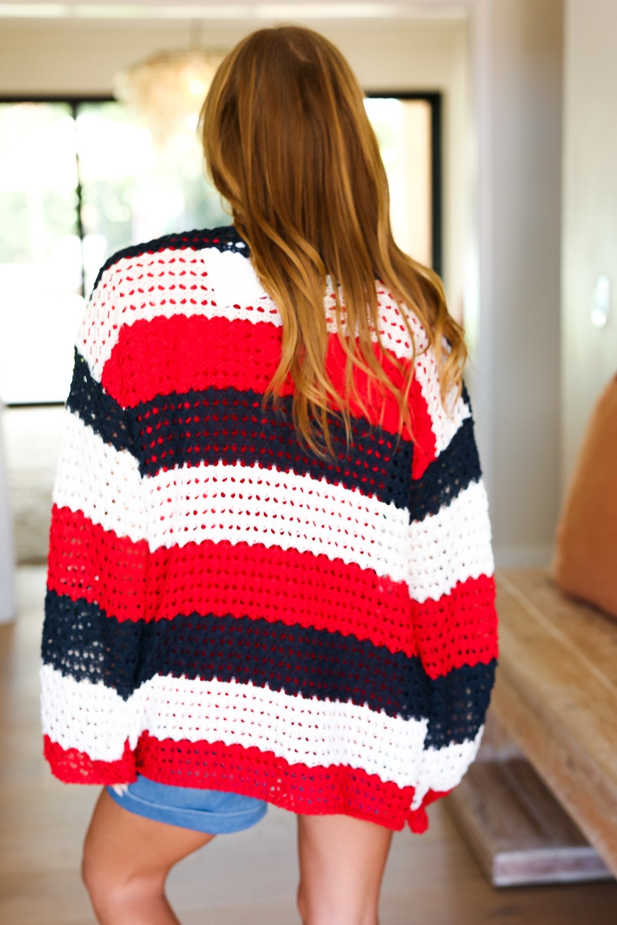 Simply Patriotic Red White & Blue Striped Crochet Cardigan-Modish Lily, Tecumseh Michigan