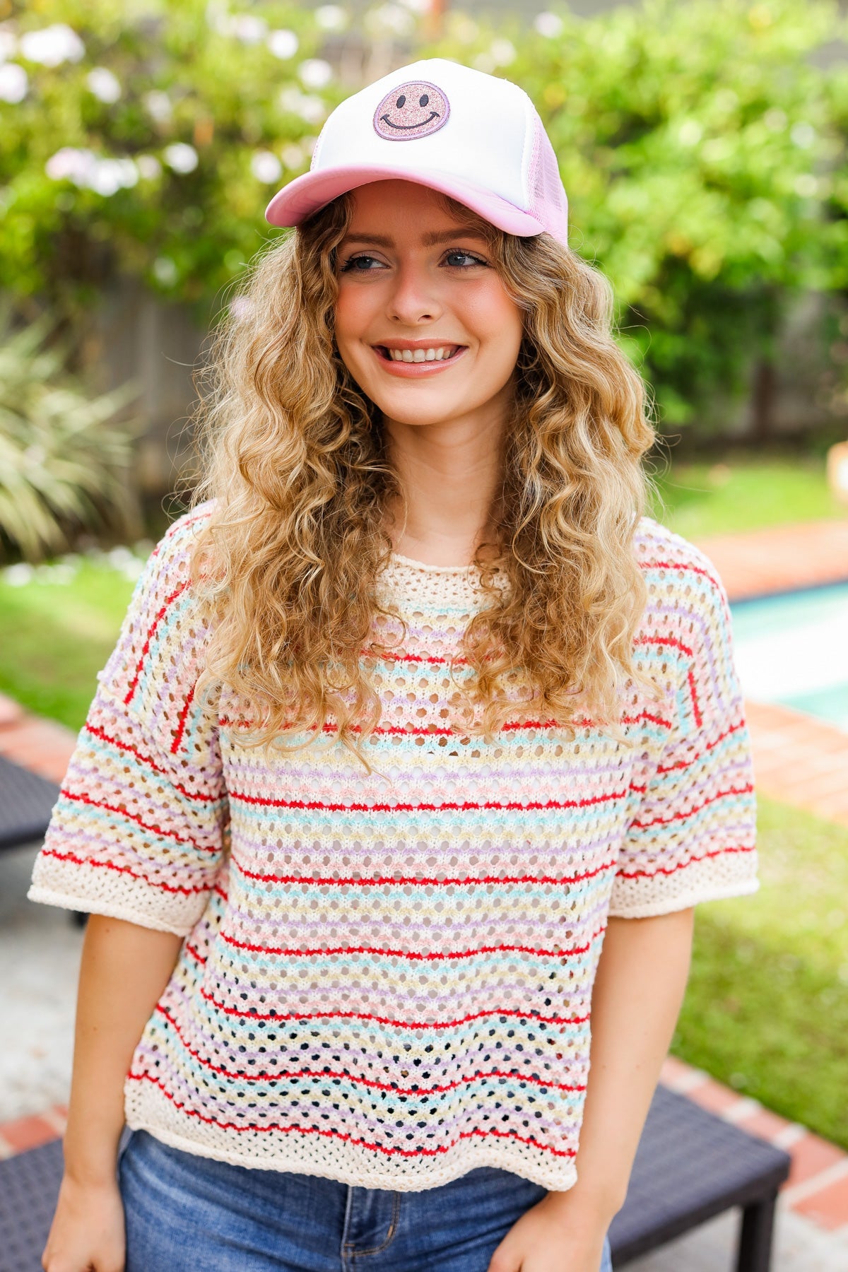 Baby Pink Glitter Smiley Face Mesh Trucker Hat-2024 Summer Blow Out Sale-Modish Lily, Tecumseh Michigan