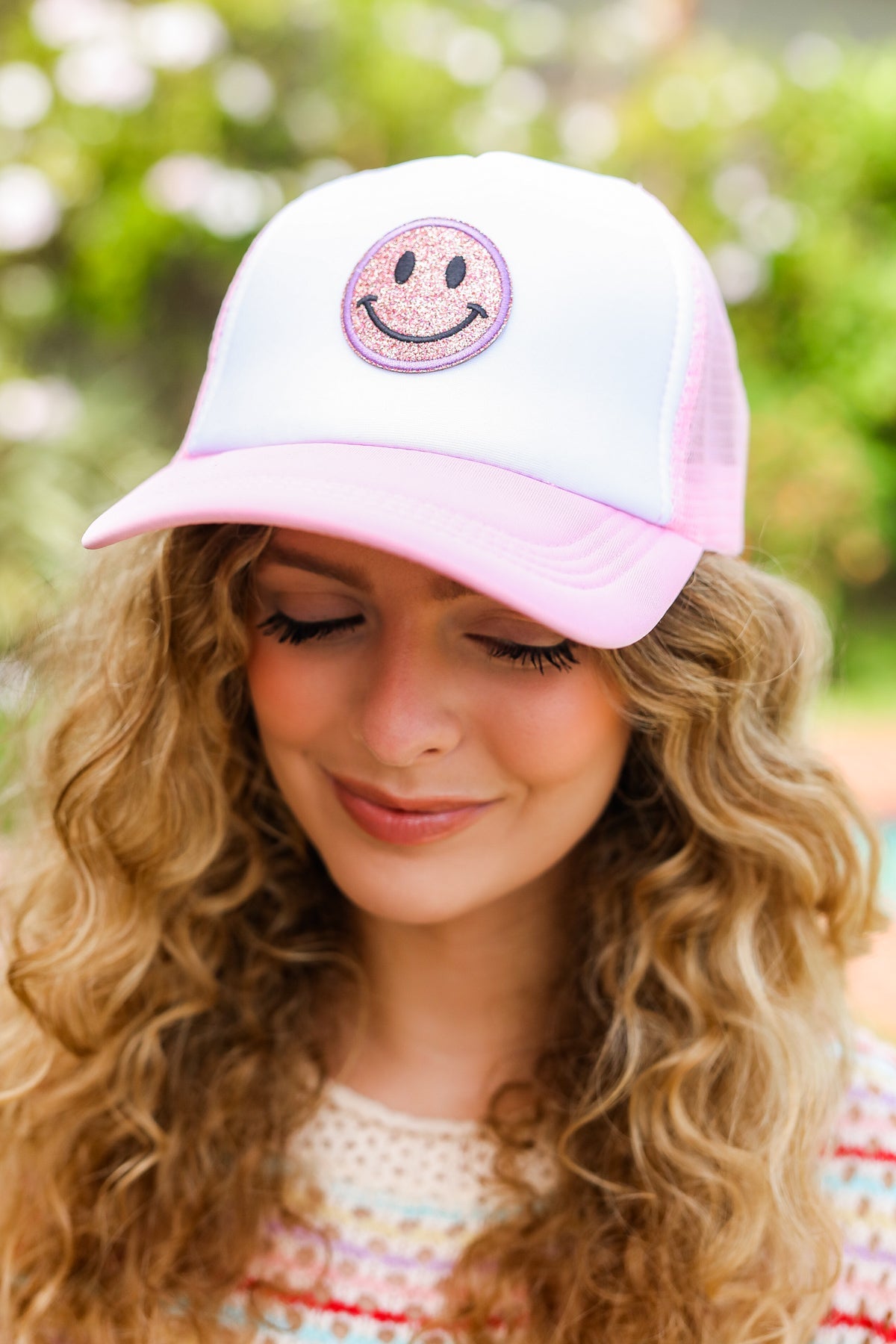 Baby Pink Glitter Smiley Face Mesh Trucker Hat-2024 Summer Blow Out Sale-Modish Lily, Tecumseh Michigan