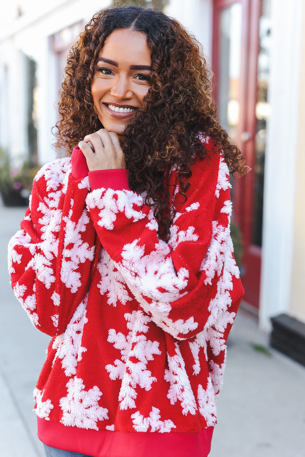 Season Greetings Red Puffy Snowflake Sherpa Pullover-Modish Lily, Tecumseh Michigan
