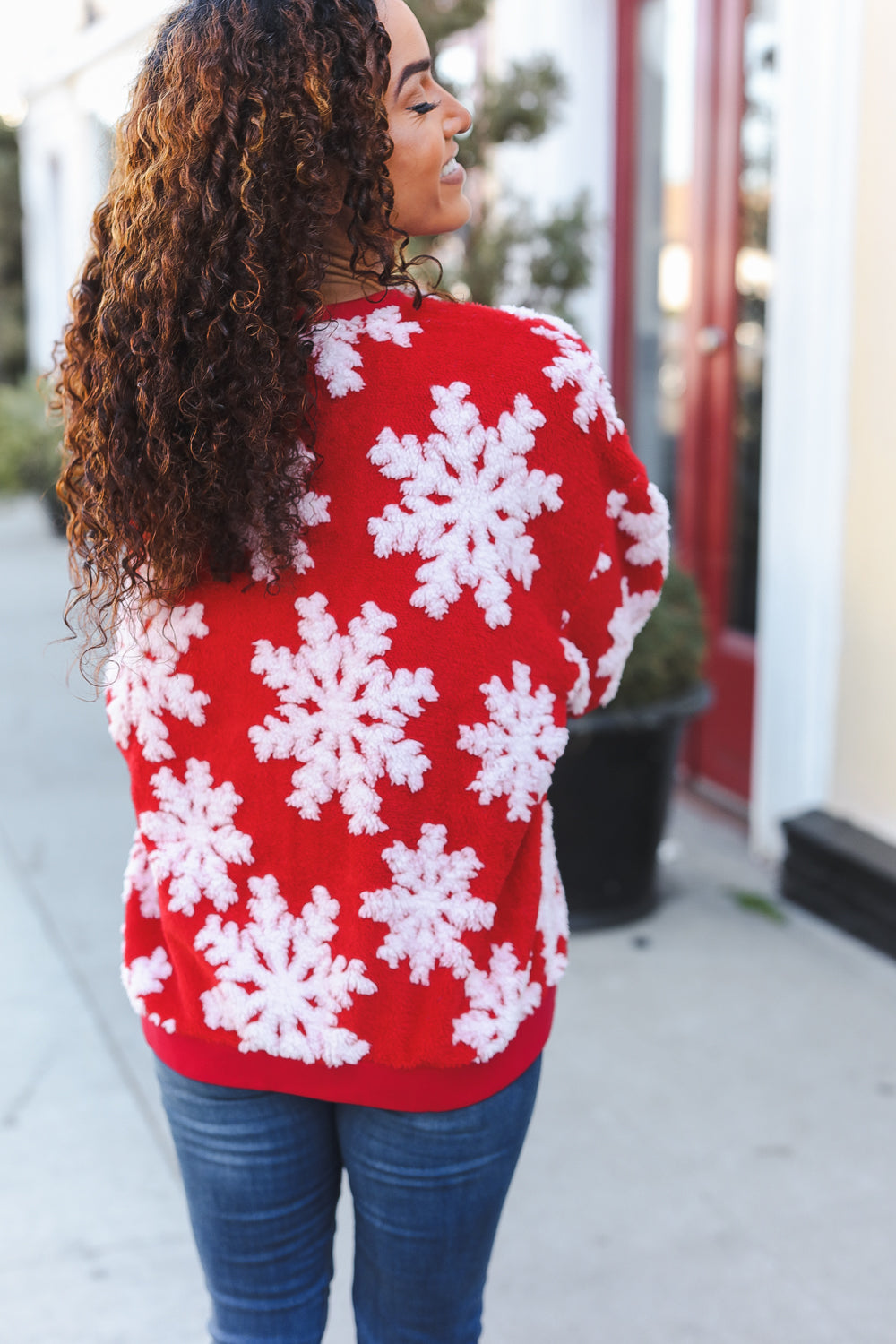 Season Greetings Red Puffy Snowflake Sherpa Pullover-Modish Lily, Tecumseh Michigan