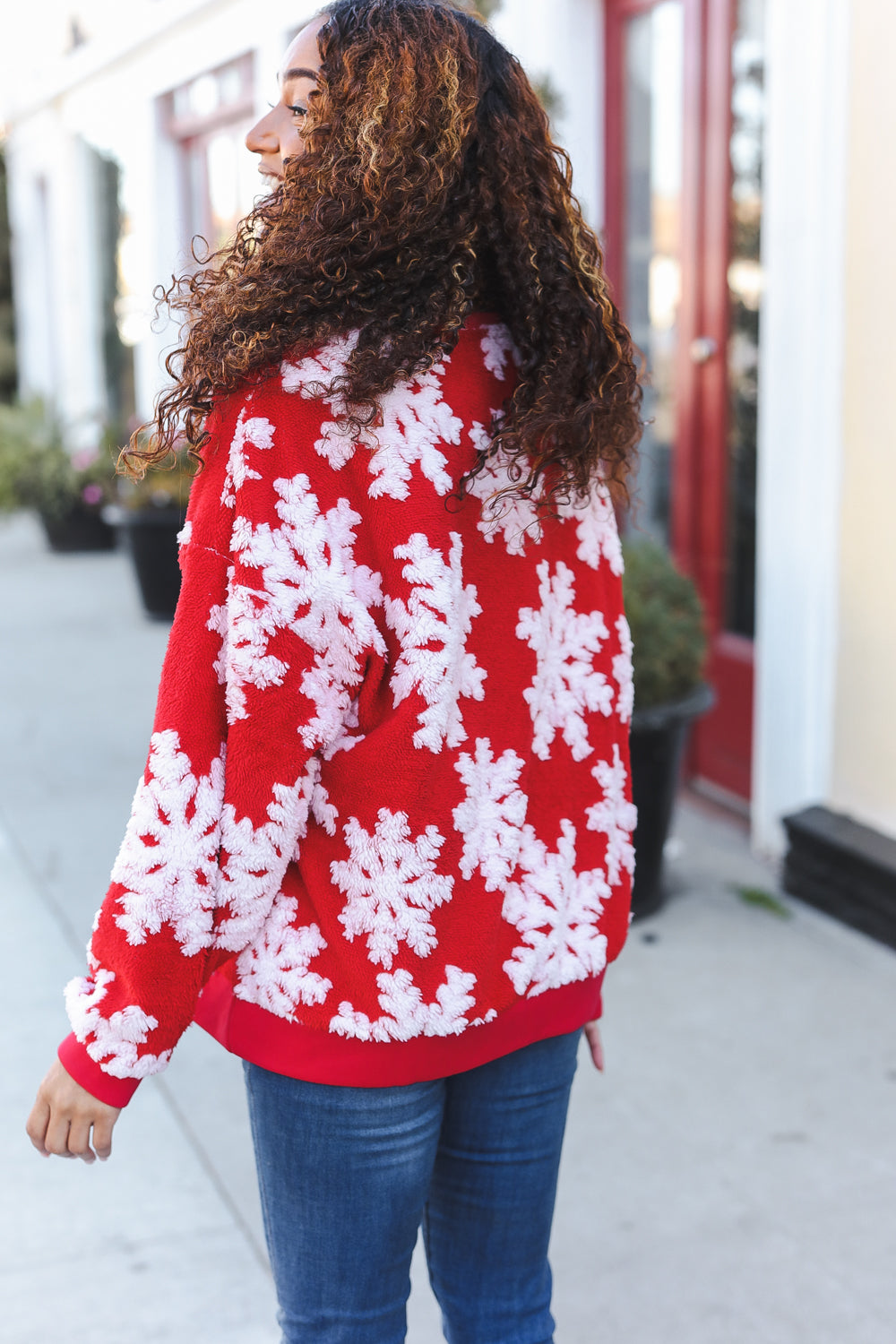 Season Greetings Red Puffy Snowflake Sherpa Pullover-Modish Lily, Tecumseh Michigan