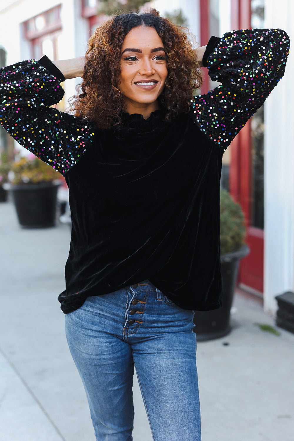 Under the Lights Black Velvet & Sequin Frill Mock Neck Top-Modish Lily, Tecumseh Michigan
