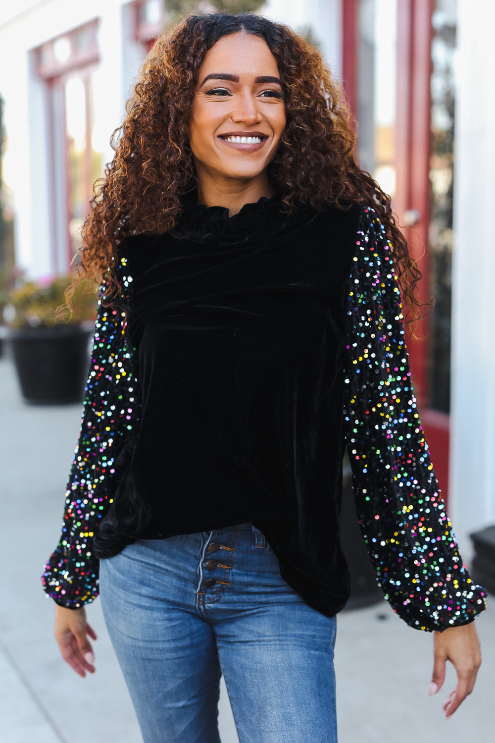 Under the Lights Black Velvet & Sequin Frill Mock Neck Top-Modish Lily, Tecumseh Michigan