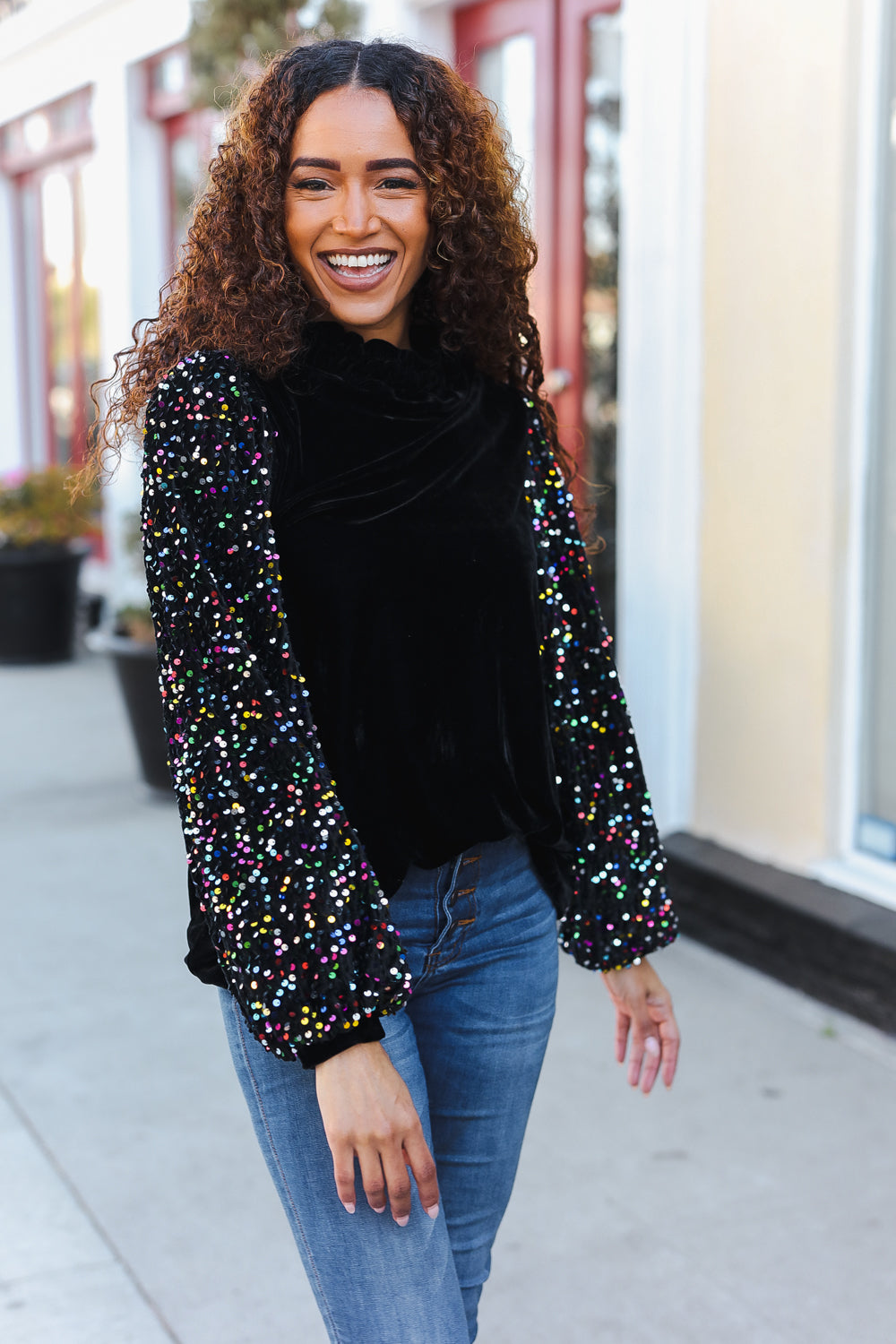Under the Lights Black Velvet & Sequin Frill Mock Neck Top-Modish Lily, Tecumseh Michigan