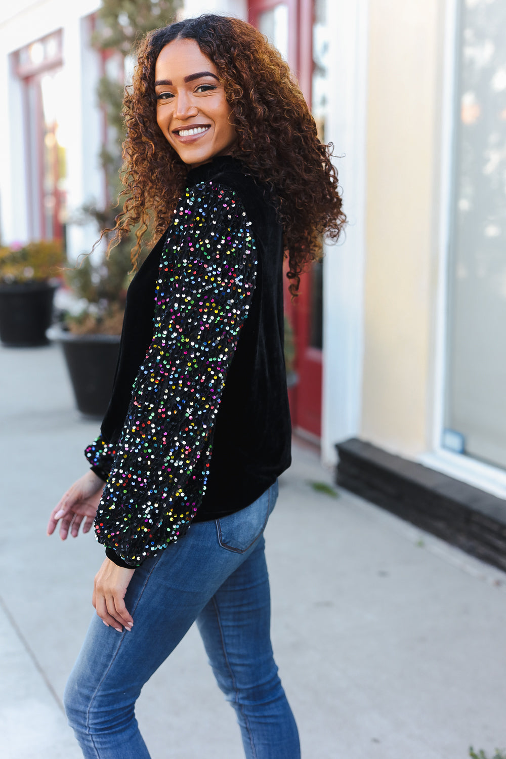 Under the Lights Black Velvet & Sequin Frill Mock Neck Top-Modish Lily, Tecumseh Michigan