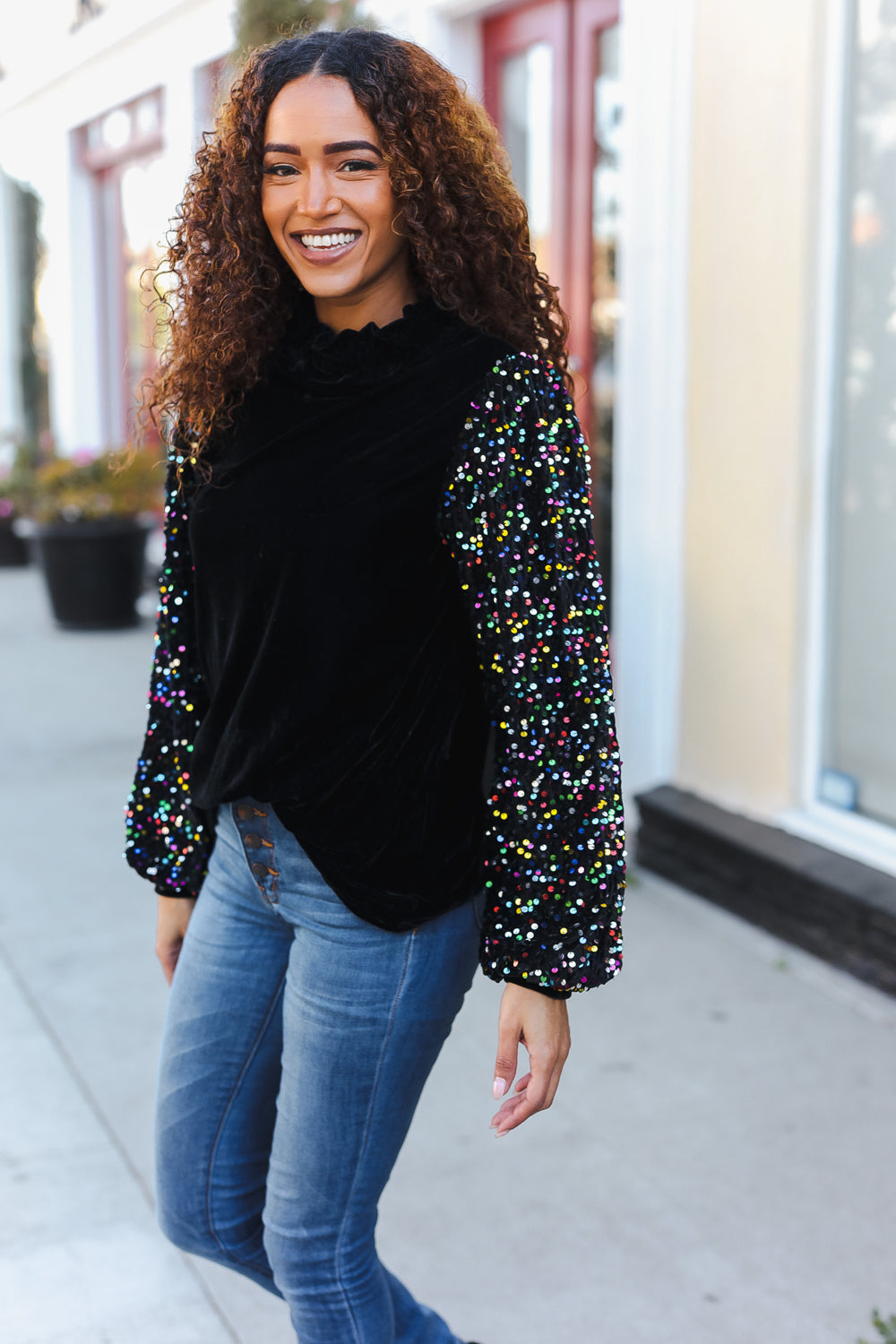 Under the Lights Black Velvet & Sequin Frill Mock Neck Top-Modish Lily, Tecumseh Michigan