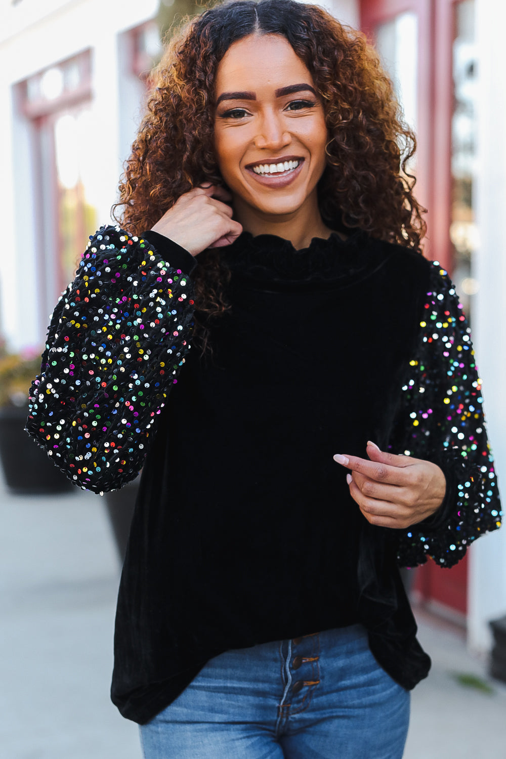 Under the Lights Black Velvet & Sequin Frill Mock Neck Top-Modish Lily, Tecumseh Michigan
