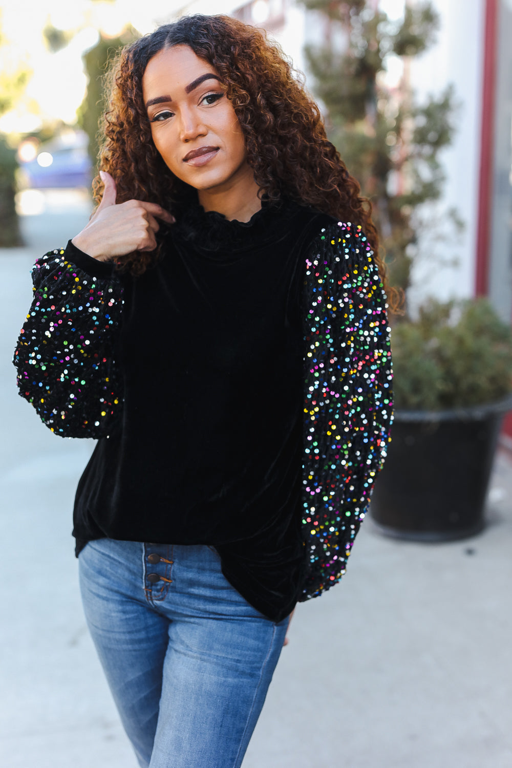 Under the Lights Black Velvet & Sequin Frill Mock Neck Top-Modish Lily, Tecumseh Michigan