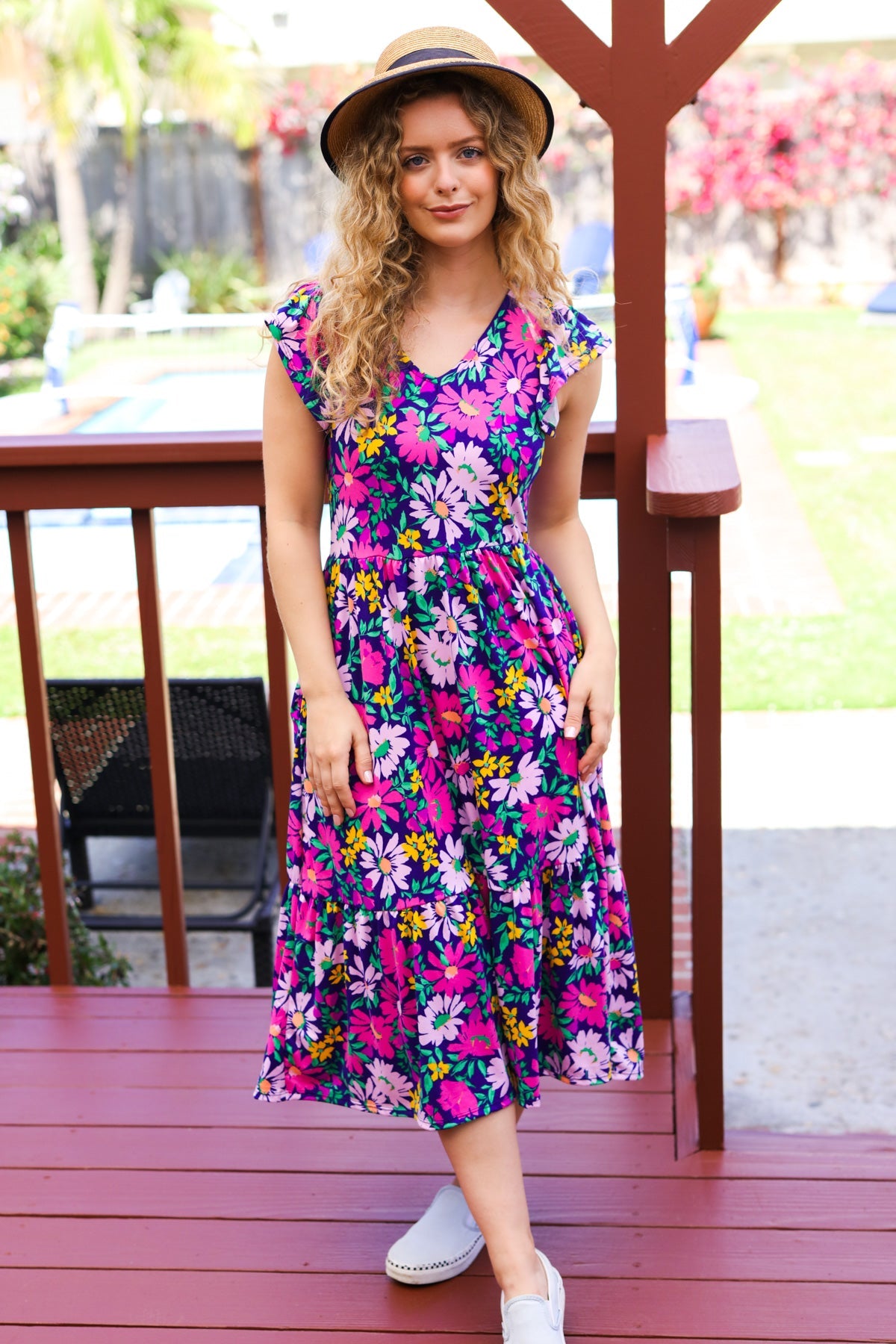 Diva Dreams Navy & Lilac Floral Fit & Flare Midi Dress-Modish Lily, Tecumseh Michigan