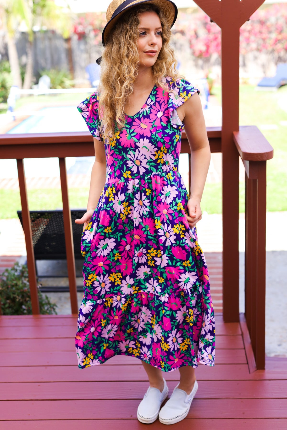 Diva Dreams Navy & Lilac Floral Fit & Flare Midi Dress-Modish Lily, Tecumseh Michigan