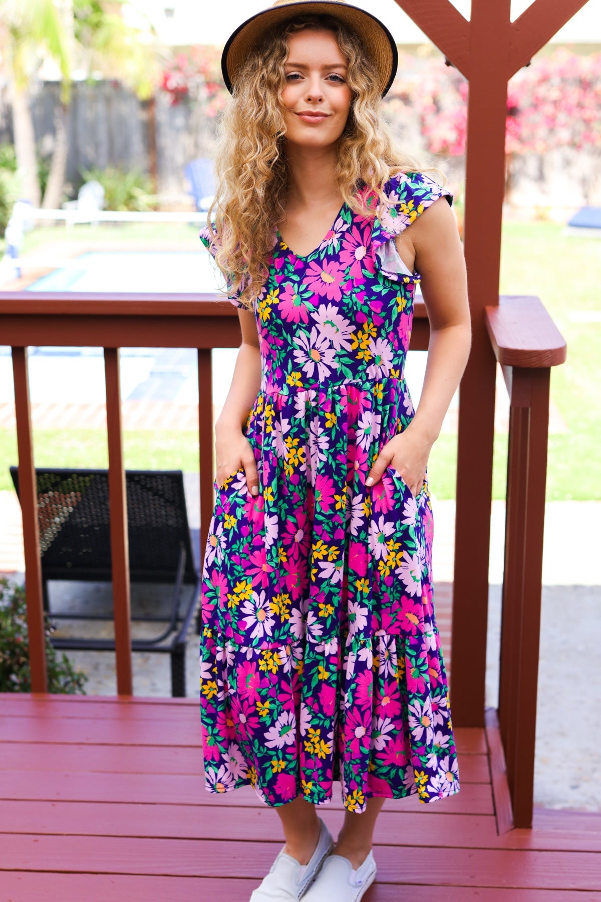 Diva Dreams Navy & Lilac Floral Fit & Flare Midi Dress-Modish Lily, Tecumseh Michigan