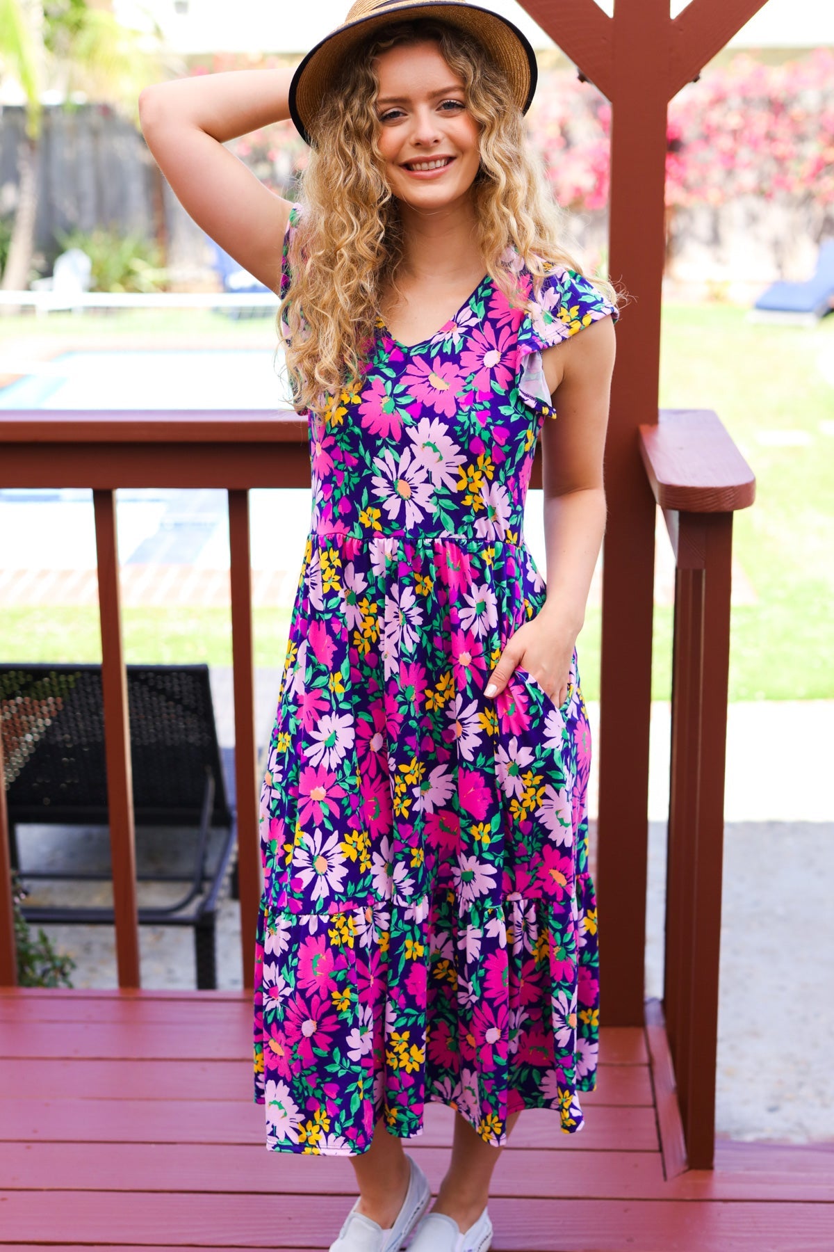 Diva Dreams Navy & Lilac Floral Fit & Flare Midi Dress-Modish Lily, Tecumseh Michigan