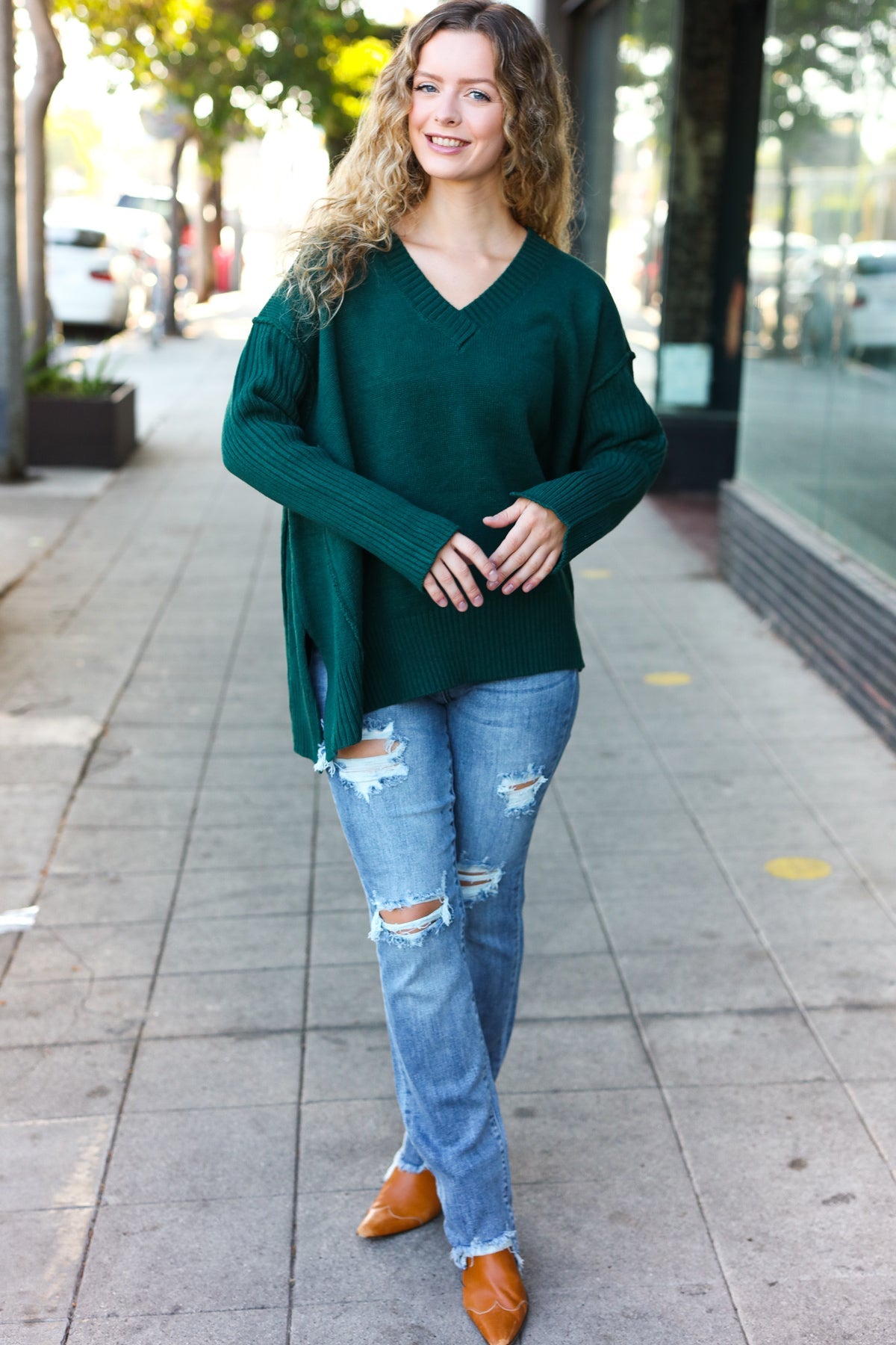 Casual Chic Hunter Green Oversized V Neck Rib Knit Sweater-2024 Blow-Out Sale-Modish Lily, Tecumseh Michigan