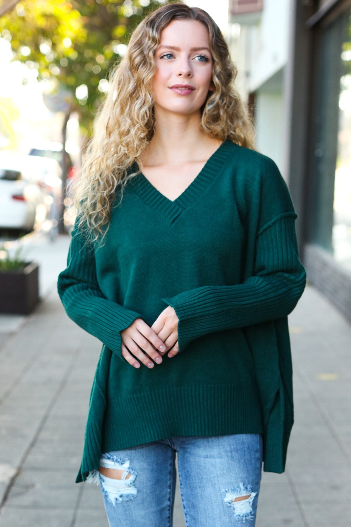 Casual Chic Hunter Green Oversized V Neck Rib Knit Sweater-2024 Blow-Out Sale-Modish Lily, Tecumseh Michigan