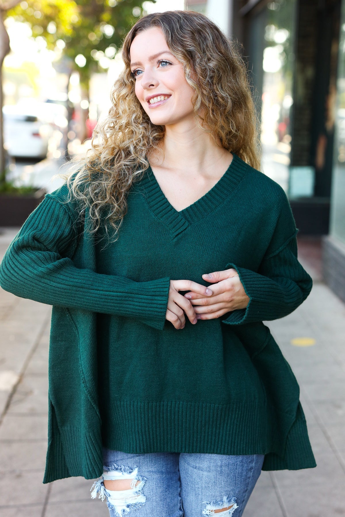 Casual Chic Hunter Green Oversized V Neck Rib Knit Sweater-2024 Blow-Out Sale-Modish Lily, Tecumseh Michigan