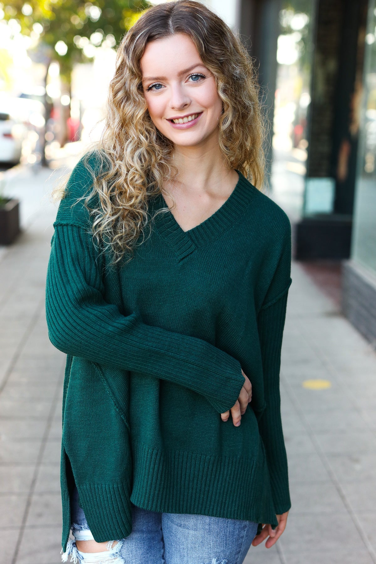 Casual Chic Hunter Green Oversized V Neck Rib Knit Sweater-2024 Blow-Out Sale-Modish Lily, Tecumseh Michigan
