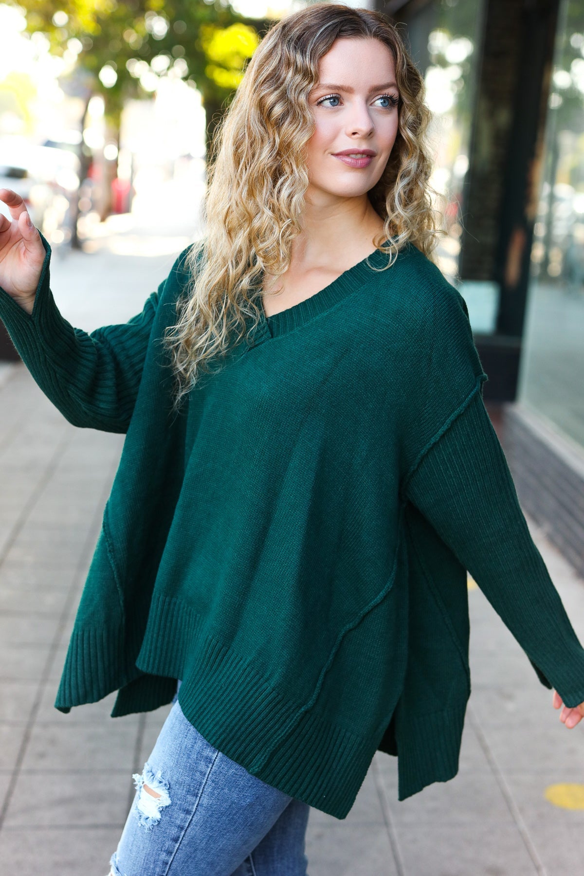 Casual Chic Hunter Green Oversized V Neck Rib Knit Sweater-2024 Blow-Out Sale-Modish Lily, Tecumseh Michigan