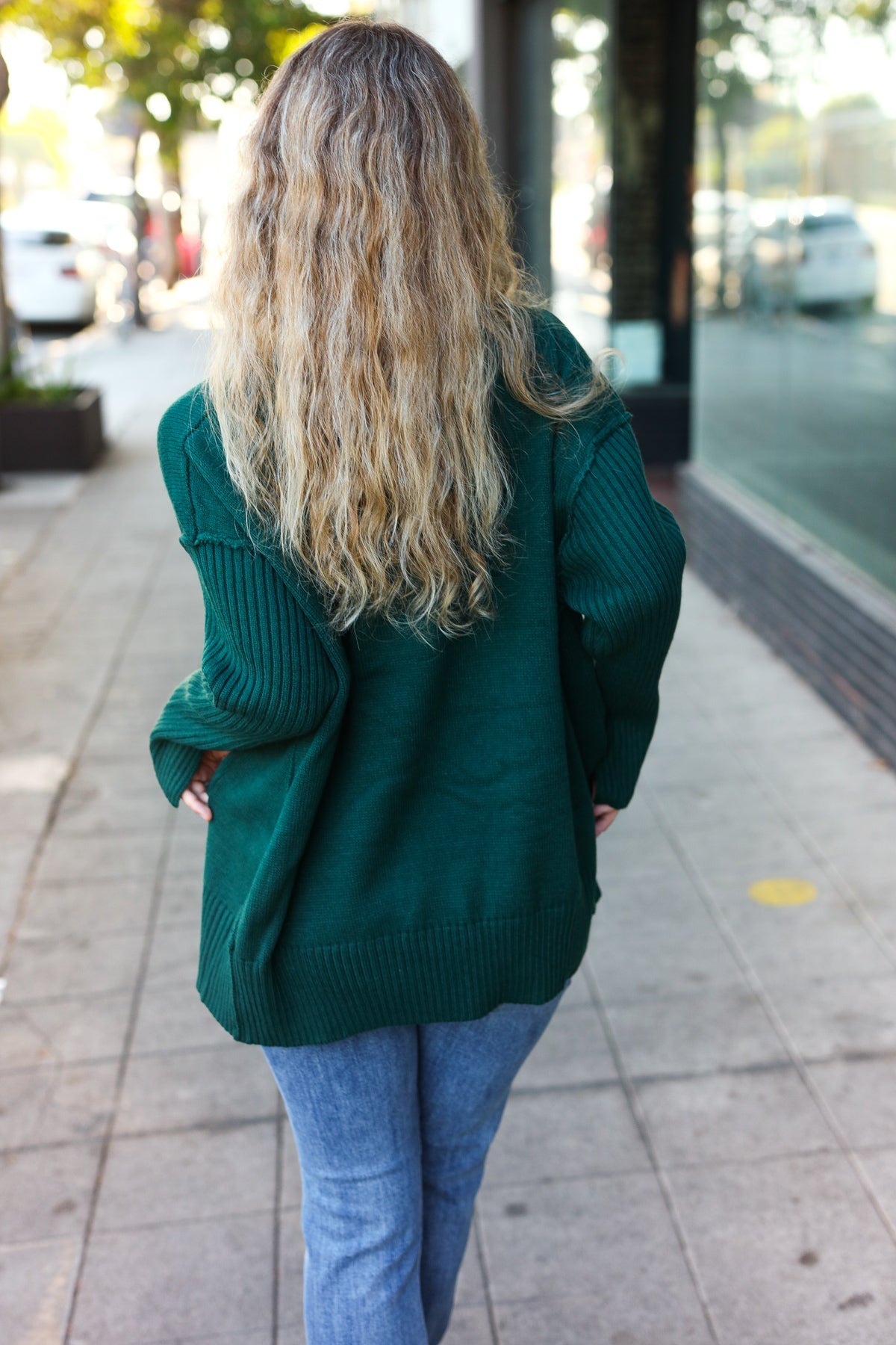 Casual Chic Hunter Green Oversized V Neck Rib Knit Sweater-2024 Blow-Out Sale-Modish Lily, Tecumseh Michigan