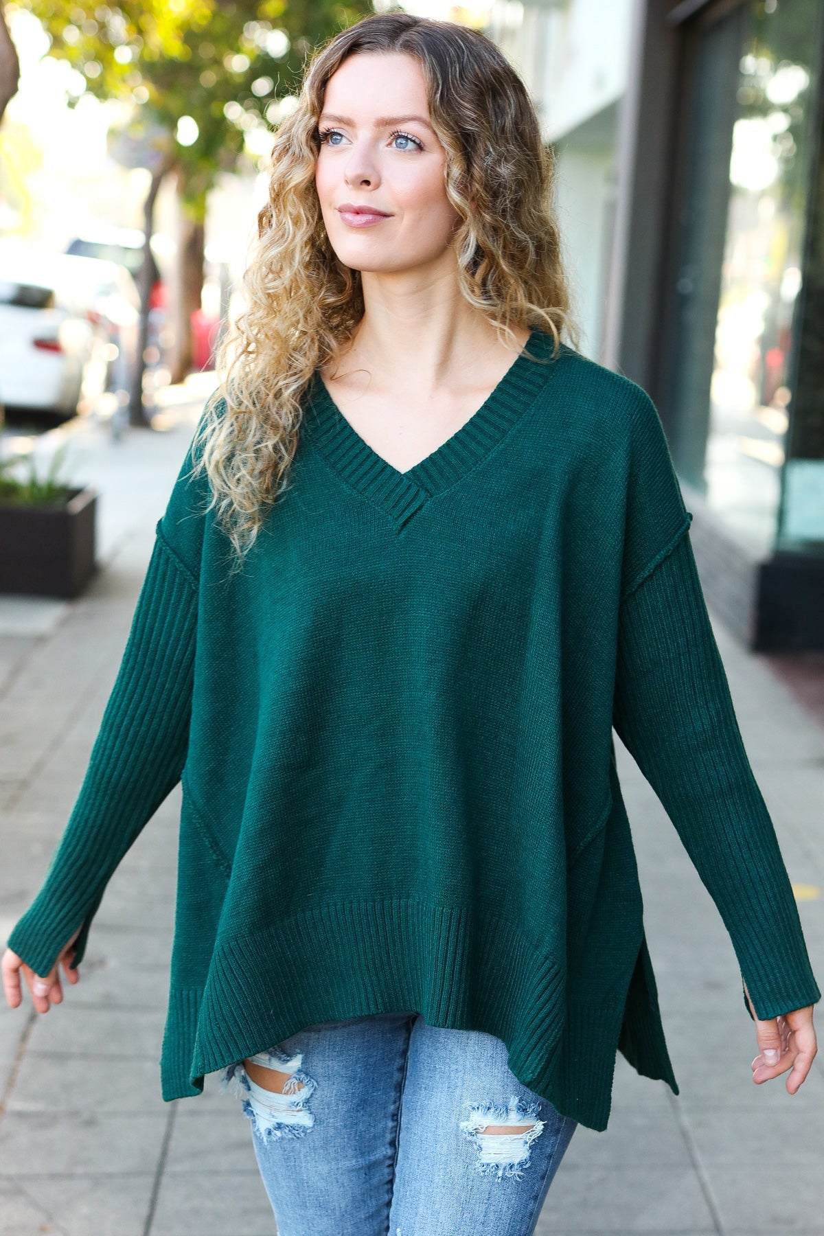Casual Chic Hunter Green Oversized V Neck Rib Knit Sweater-2024 Blow-Out Sale-Modish Lily, Tecumseh Michigan