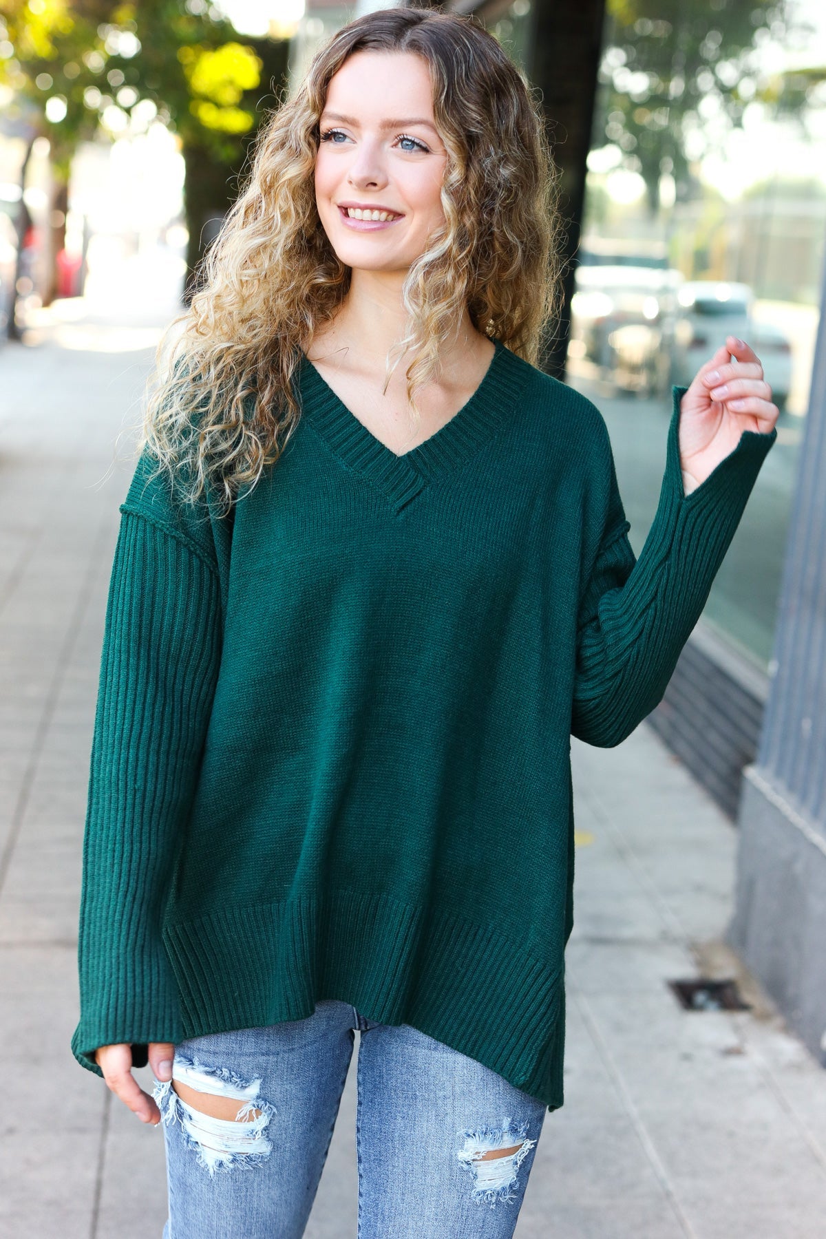Casual Chic Hunter Green Oversized V Neck Rib Knit Sweater-2024 Blow-Out Sale-Modish Lily, Tecumseh Michigan
