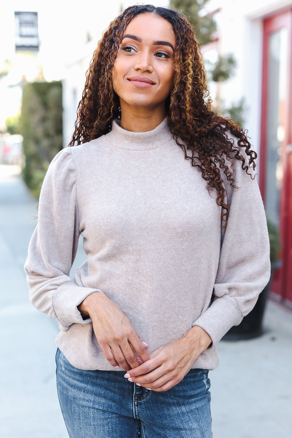 Stay Awhile Taupe Brushed Melange Puff Short Sleeve Sweater-2024 Blow-Out Sale-Modish Lily, Tecumseh Michigan
