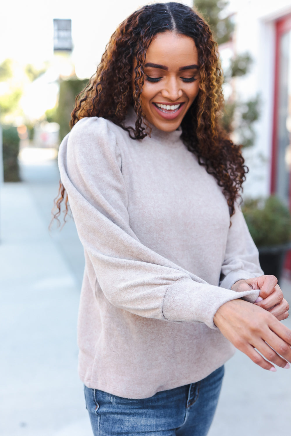 Stay Awhile Taupe Brushed Melange Puff Short Sleeve Sweater-2024 Blow-Out Sale-Modish Lily, Tecumseh Michigan