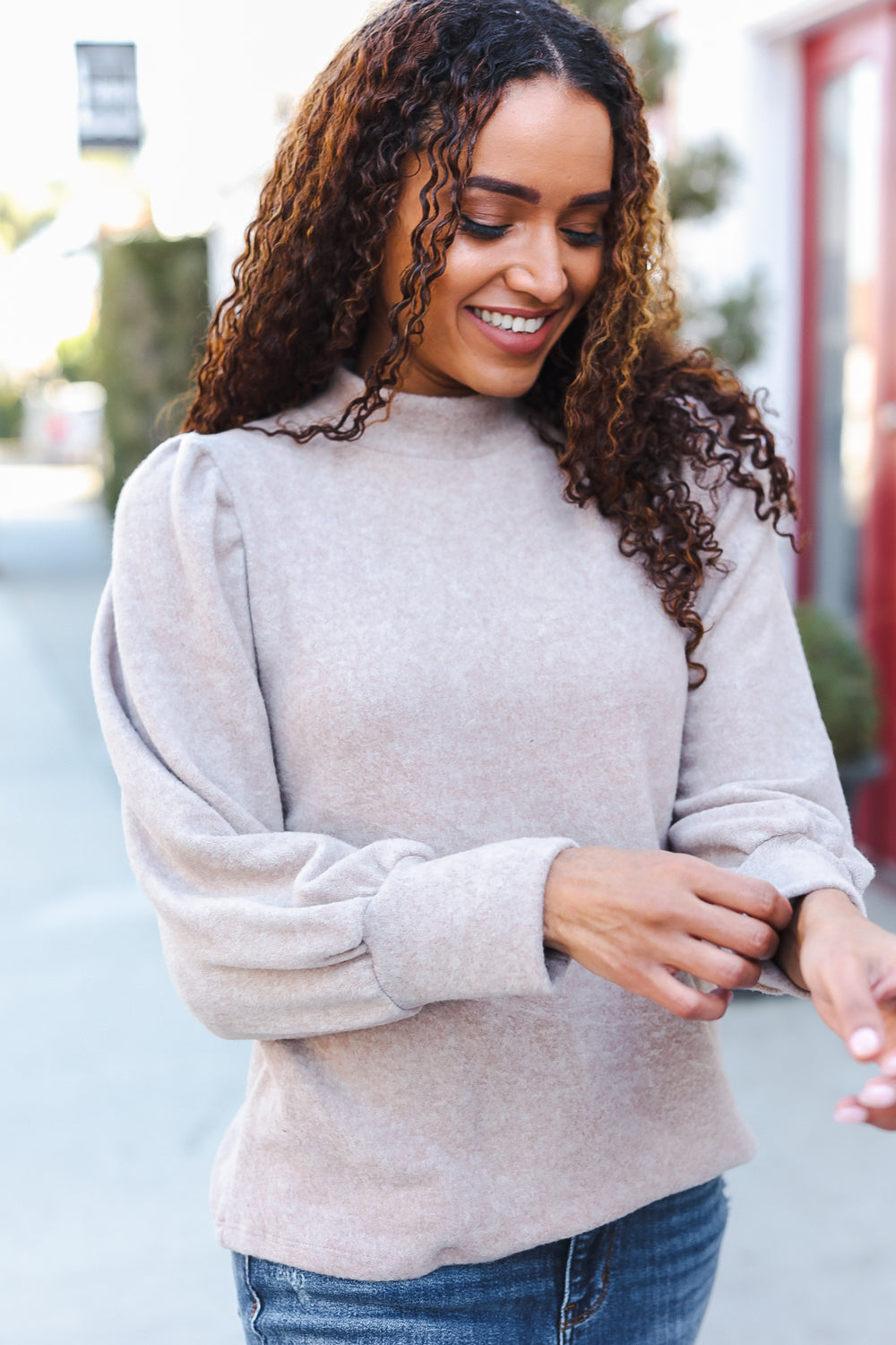 Stay Awhile Taupe Brushed Melange Puff Short Sleeve Sweater-2024 Blow-Out Sale-Modish Lily, Tecumseh Michigan