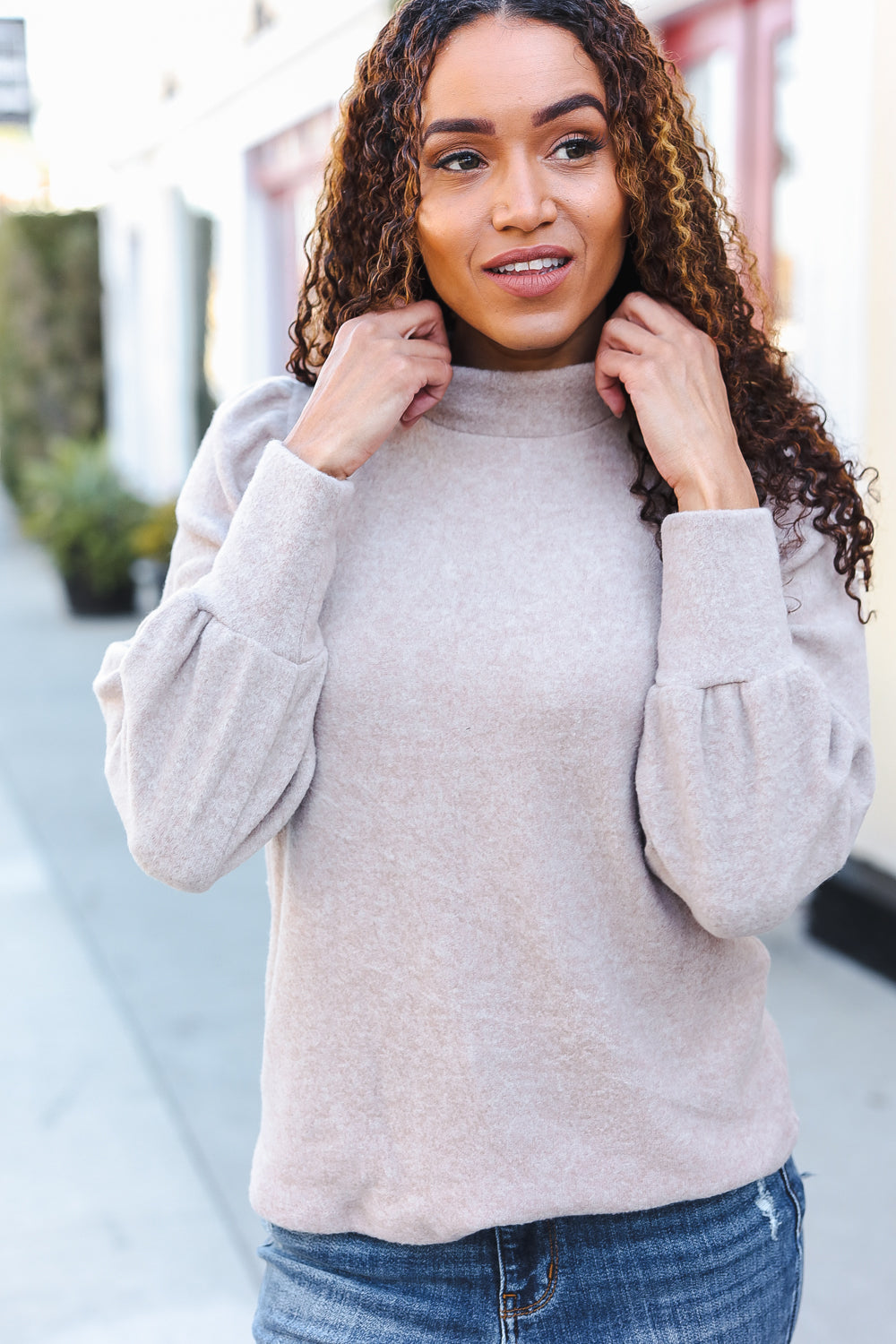 Stay Awhile Taupe Brushed Melange Puff Short Sleeve Sweater-2024 Blow-Out Sale-Modish Lily, Tecumseh Michigan