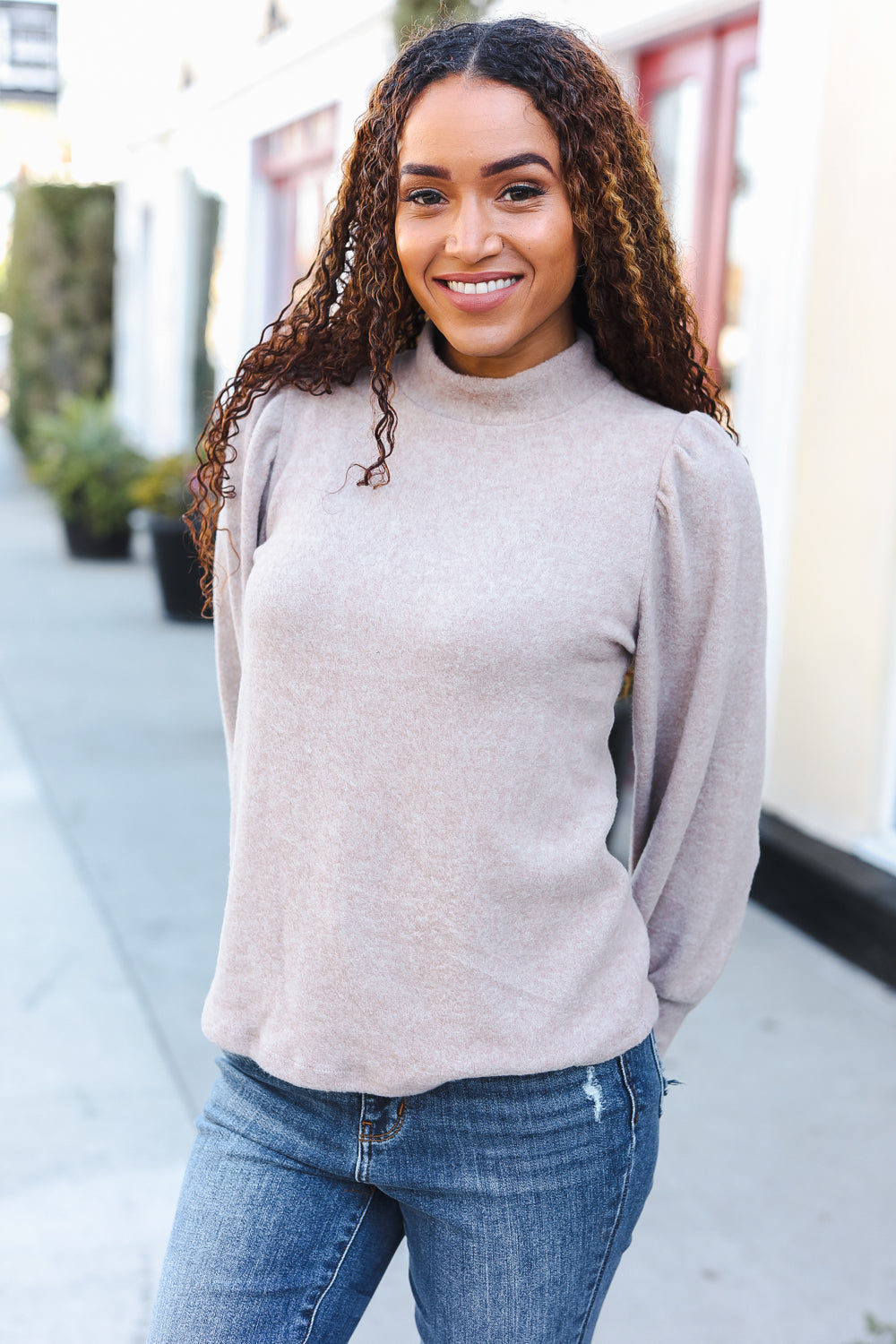 Stay Awhile Taupe Brushed Melange Puff Short Sleeve Sweater-2024 Blow-Out Sale-Modish Lily, Tecumseh Michigan