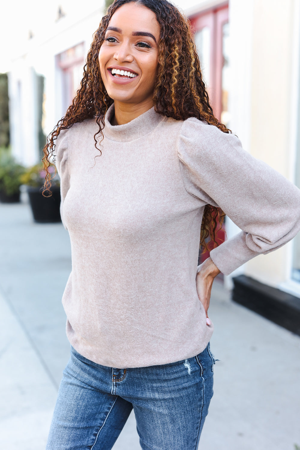 Stay Awhile Taupe Brushed Melange Puff Short Sleeve Sweater-2024 Blow-Out Sale-Modish Lily, Tecumseh Michigan