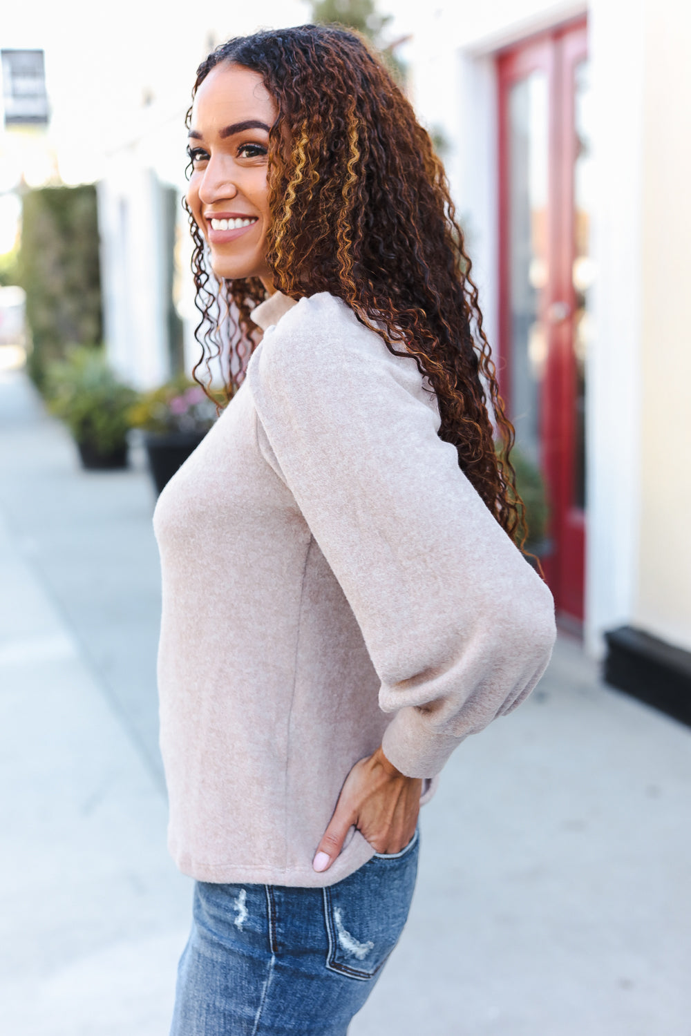 Stay Awhile Taupe Brushed Melange Puff Short Sleeve Sweater-2024 Blow-Out Sale-Modish Lily, Tecumseh Michigan