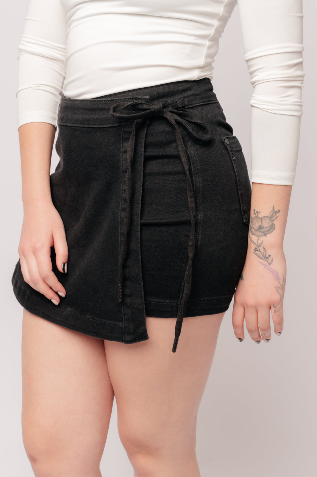 Bentli High Rise Side Tie Denim Skort in Black-Womens-Modish Lily, Tecumseh Michigan