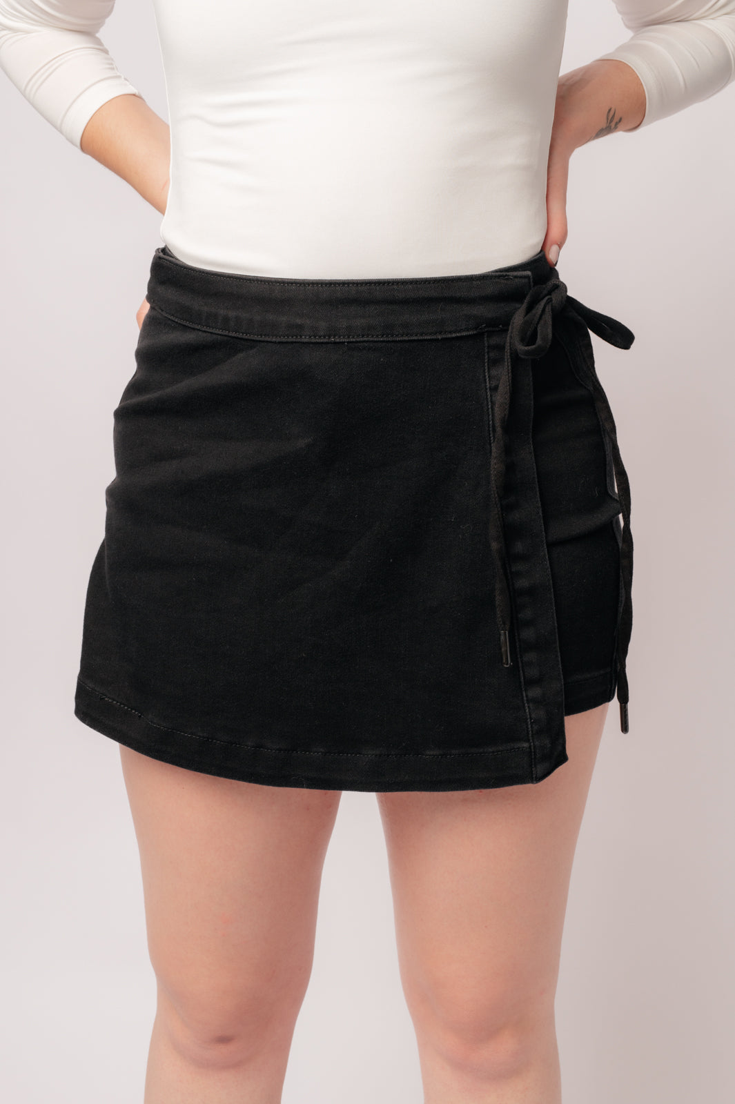 Bentli High Rise Side Tie Denim Skort in Black-Womens-Modish Lily, Tecumseh Michigan