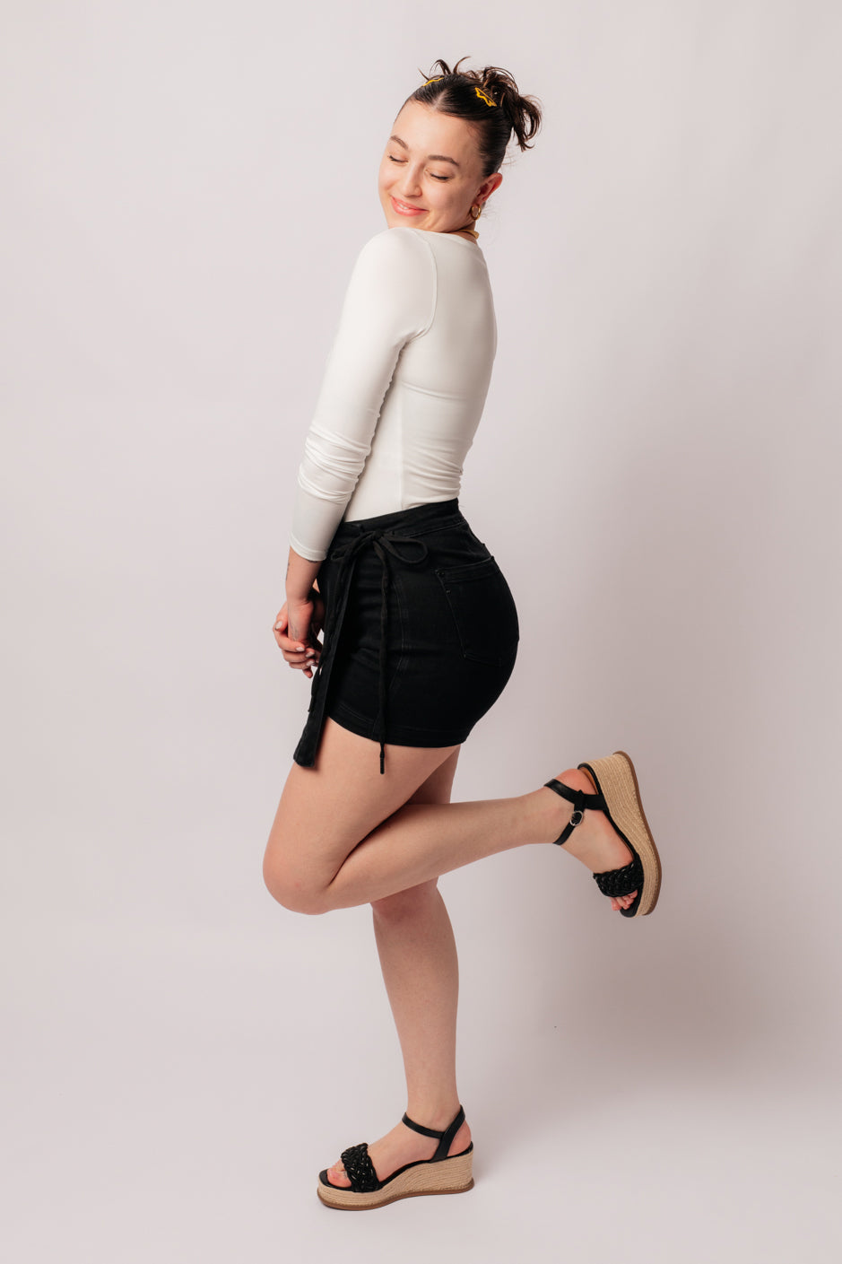 Bentli High Rise Side Tie Denim Skort in Black-Womens-Modish Lily, Tecumseh Michigan