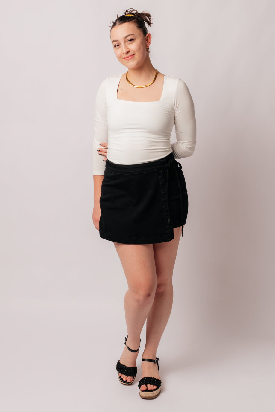 Bentli High Rise Side Tie Denim Skort in Black-Womens-Modish Lily, Tecumseh Michigan