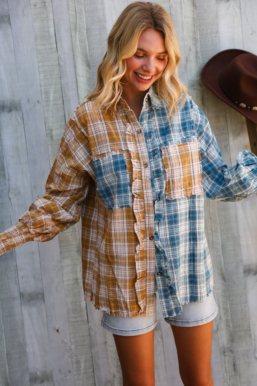 Adorable You Turquoise Plaid Smocked Sleeve Frill Detail Top-Modish Lily, Tecumseh Michigan