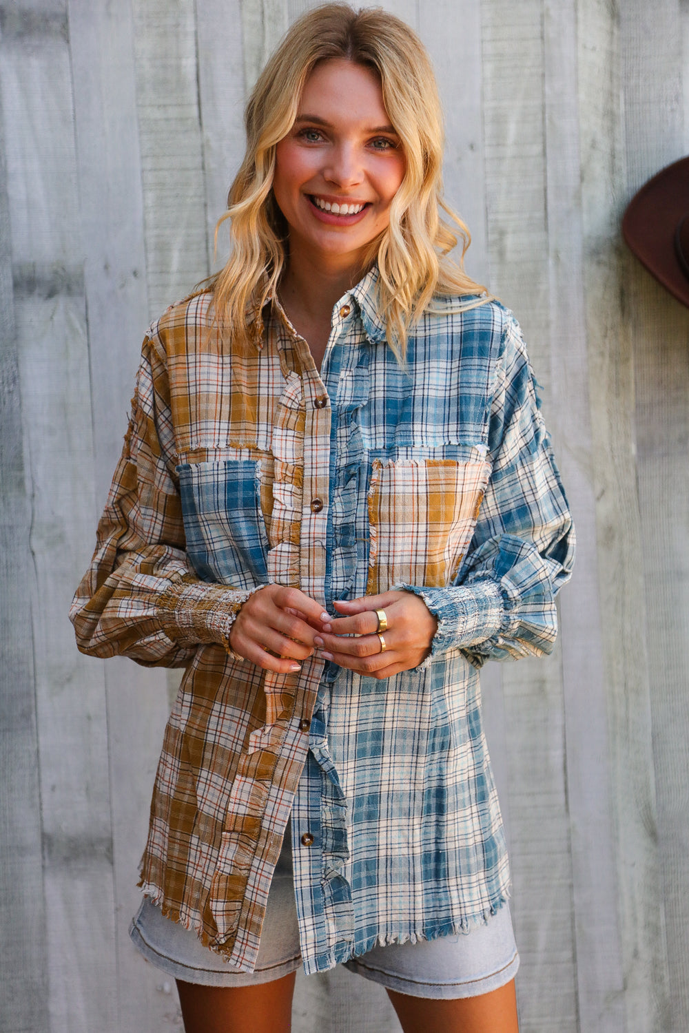 Adorable You Turquoise Plaid Smocked Sleeve Frill Detail Top-Modish Lily, Tecumseh Michigan