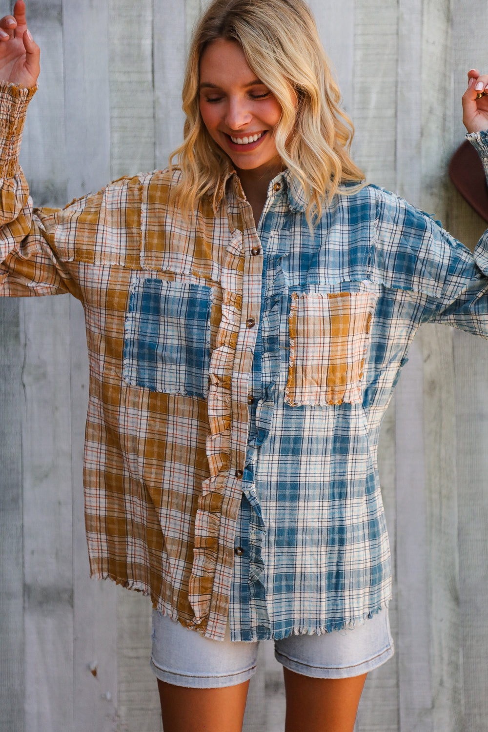 Adorable You Turquoise Plaid Smocked Sleeve Frill Detail Top-Modish Lily, Tecumseh Michigan