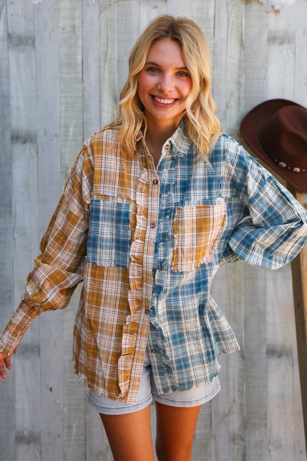 Adorable You Turquoise Plaid Smocked Sleeve Frill Detail Top-Modish Lily, Tecumseh Michigan